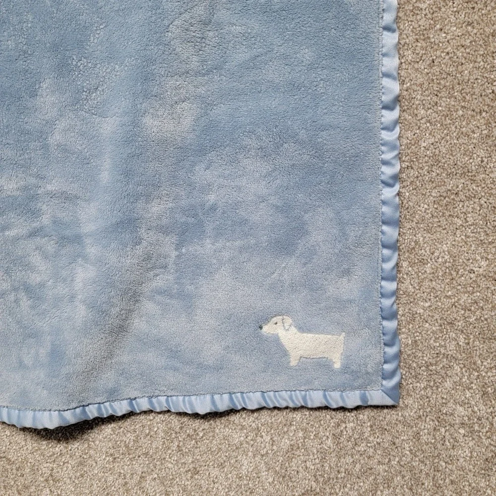 White Dog Baby Blanket Carter's Puppy Embroidered‎ Blue Satin Trim